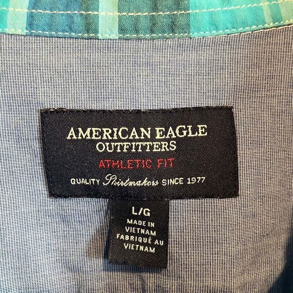 American Eagle Blue Plaid Button Down Large - Picture 3 of 4